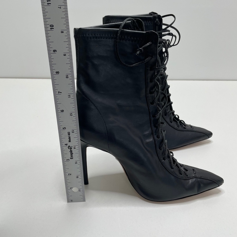 Schutz Tennie Black Leather Lace Up Pointed Toe Stiletto Boots 9B Witchy Costume - Picture 9 of 10